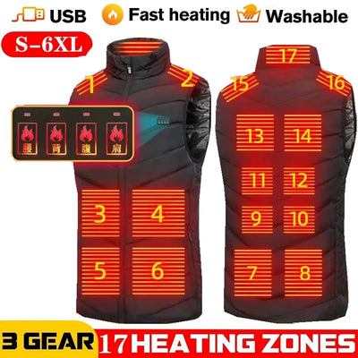 Men USB Infrared 17 Heating Areas Vest Jacket Men Winter Electric Heated Vest For Golf, Sports, Hiking (runs small, sizes up to 5XL)